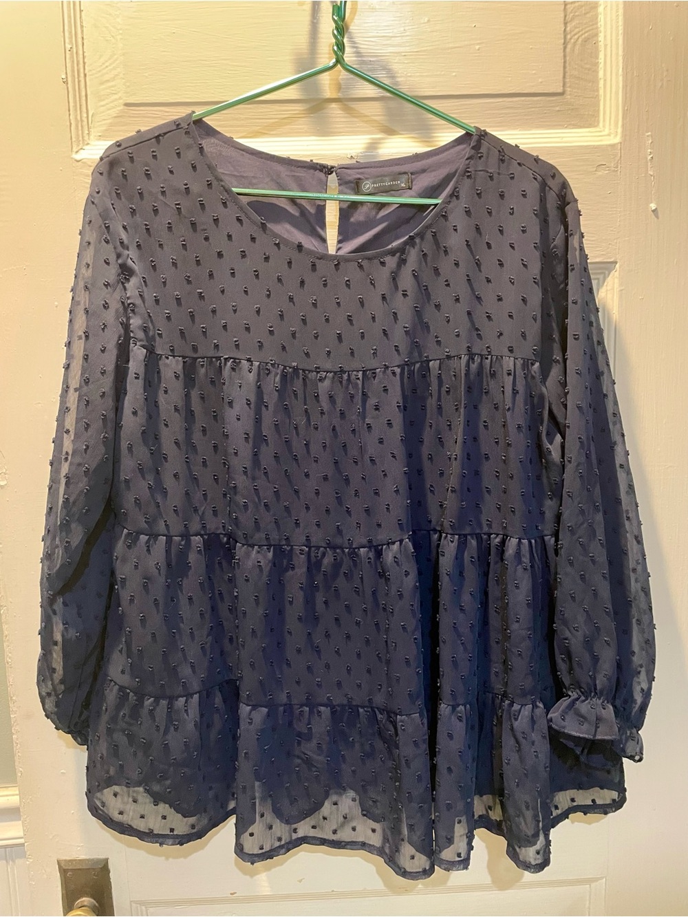 Women's Navy Swiss Dot Tiered Peasant Blouse, XL